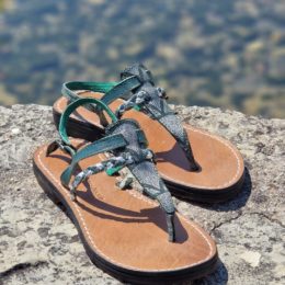 sandales pour femme en cuir vert et argent
