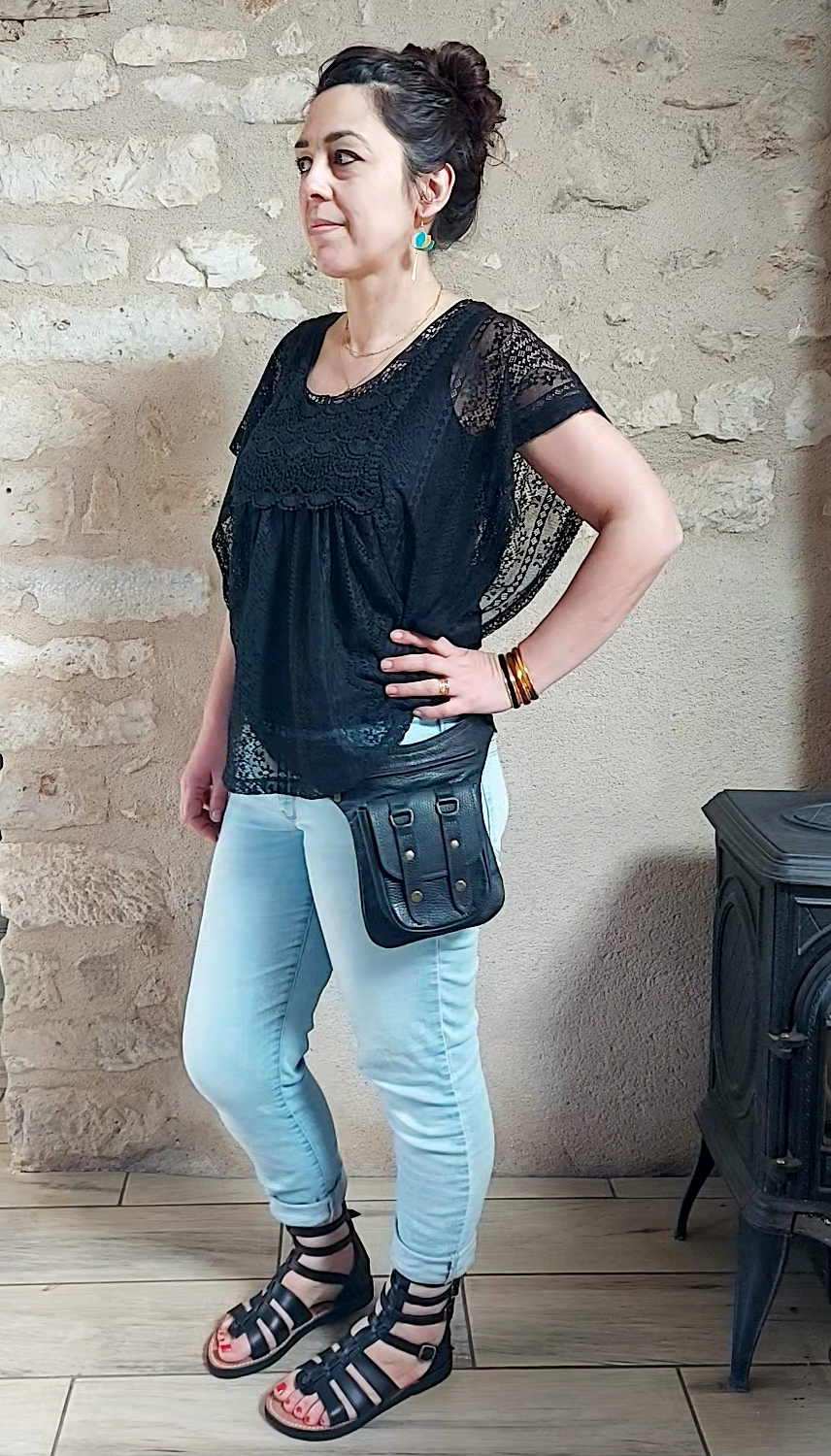 Pochette ceinture noire en cuir
